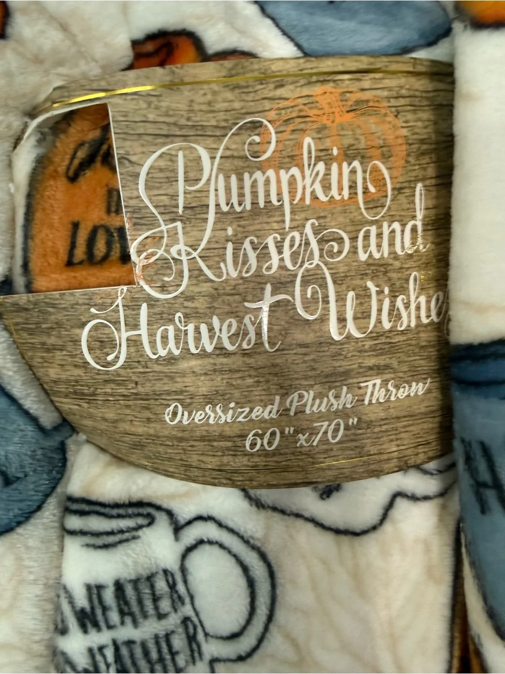 Cozy Fall Mug Print Throw Blanket - Cream, Blue & Orange. 60x70